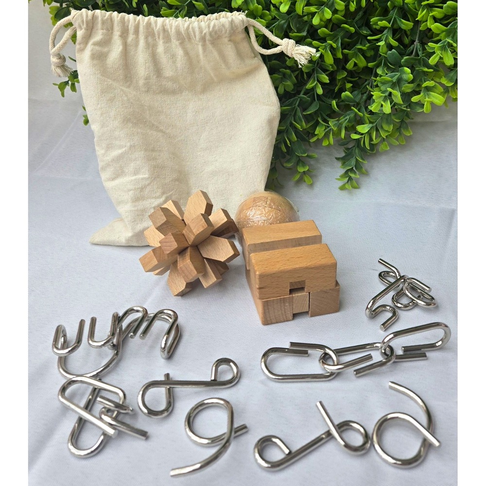 Brain Teaser Puzzle Lot - 3D Wooden Interlocking & Metal Wire IQ Games